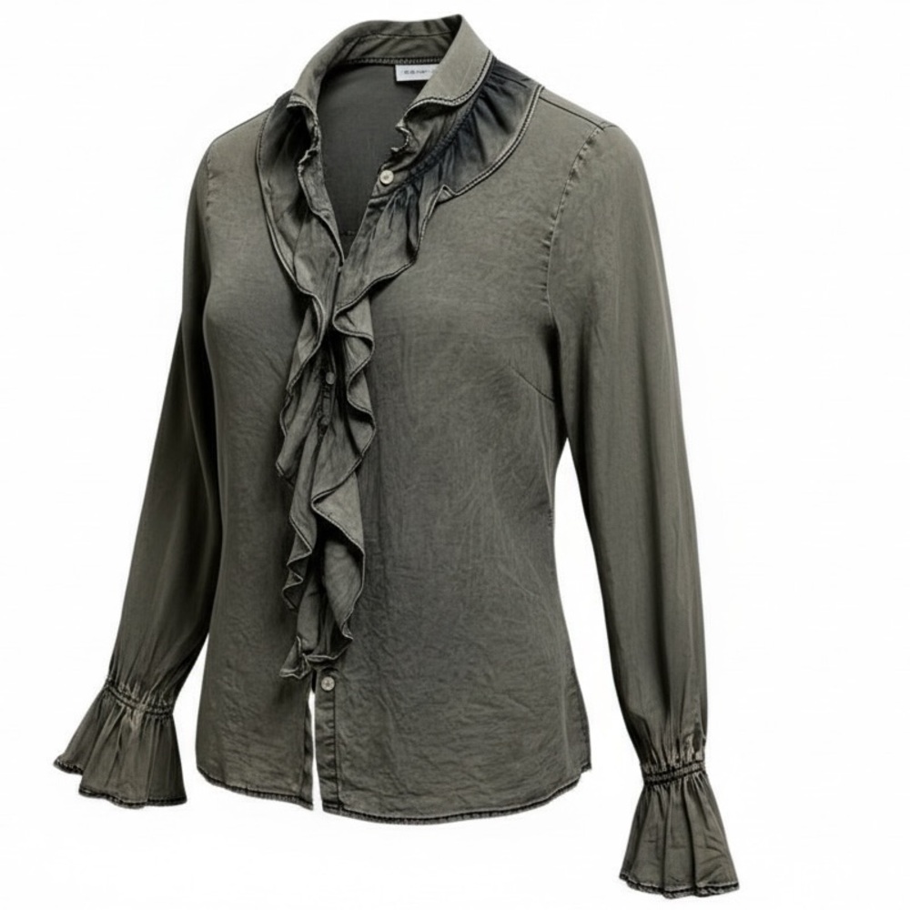 Elegant Ruffle Blouse in Charcoal Denim Wash Hue by‎ Cezele